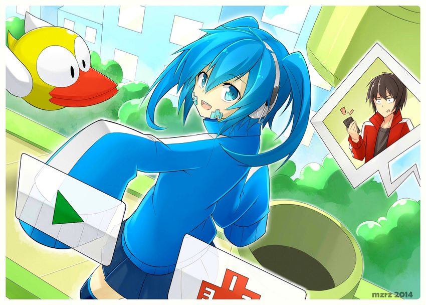 1girl :d beak black_shirt blue_eyes blue_hair blue_skirt blue_sky blue_sweater brown_hair building cellphone ene_(kagerou_project) flappy_bird headphones highres jacket kagerou_project kisaragi_shintarou mzrz open_mouth phone red_jacket shirt short_hair skirt sky sleeves_past_fingers sleeves_past_wrists smartphone smile striped surprised sweater thighhighs tree twintails zettai_ryouiki