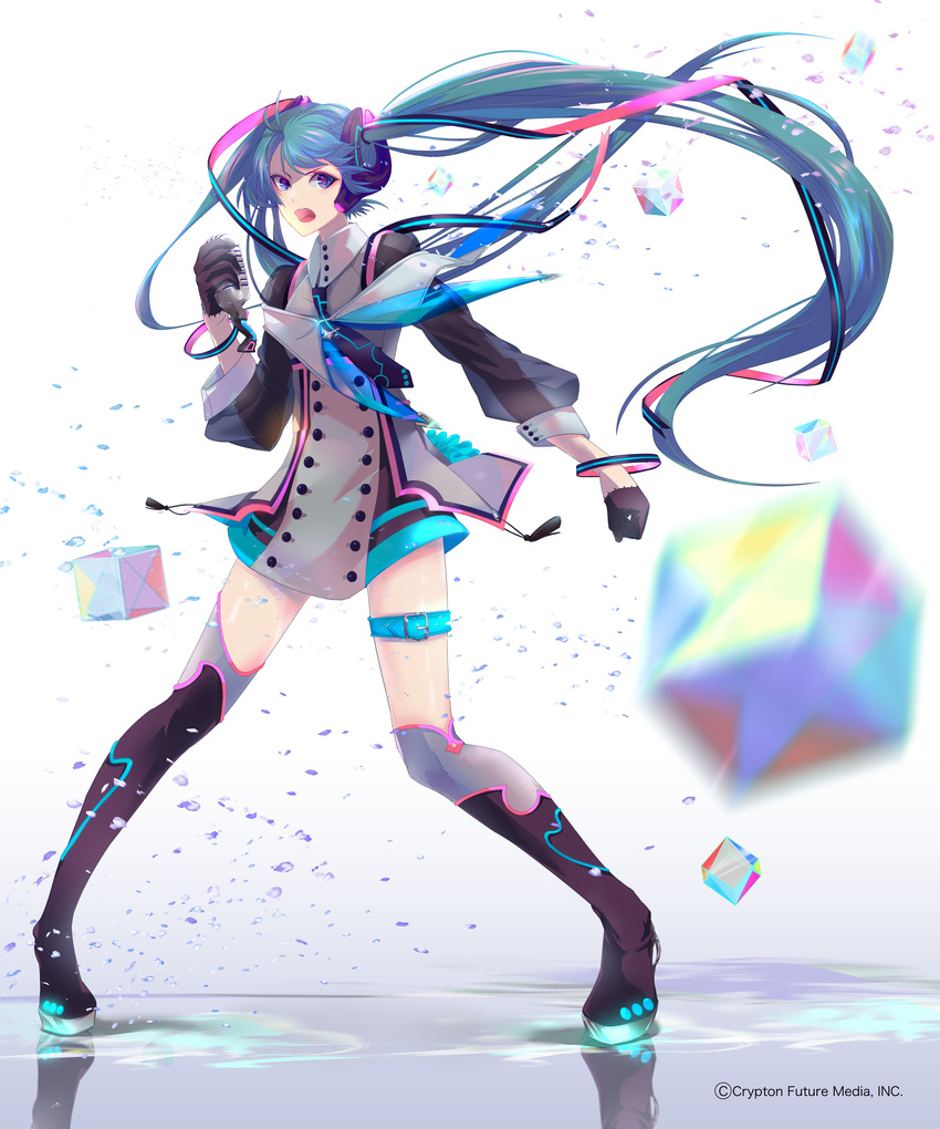 :d absurdres aqua_eyes aqua_hair bad_id bad_pixiv_id belt black_legwear blue_hair blurry bracelet buttons contrapposto cube depth_of_field gloves hair_ornament hair_ribbon hatsune_miku highres holding holding_microphone hoshima jewelry leg_belt long_hair magical_mirai_(vocaloid) microphone motion_blur music open_mouth reflection ribbon singing smile solo standing thigh_strap thighhighs twintails v-shaped_eyebrows very_long_hair vocaloid