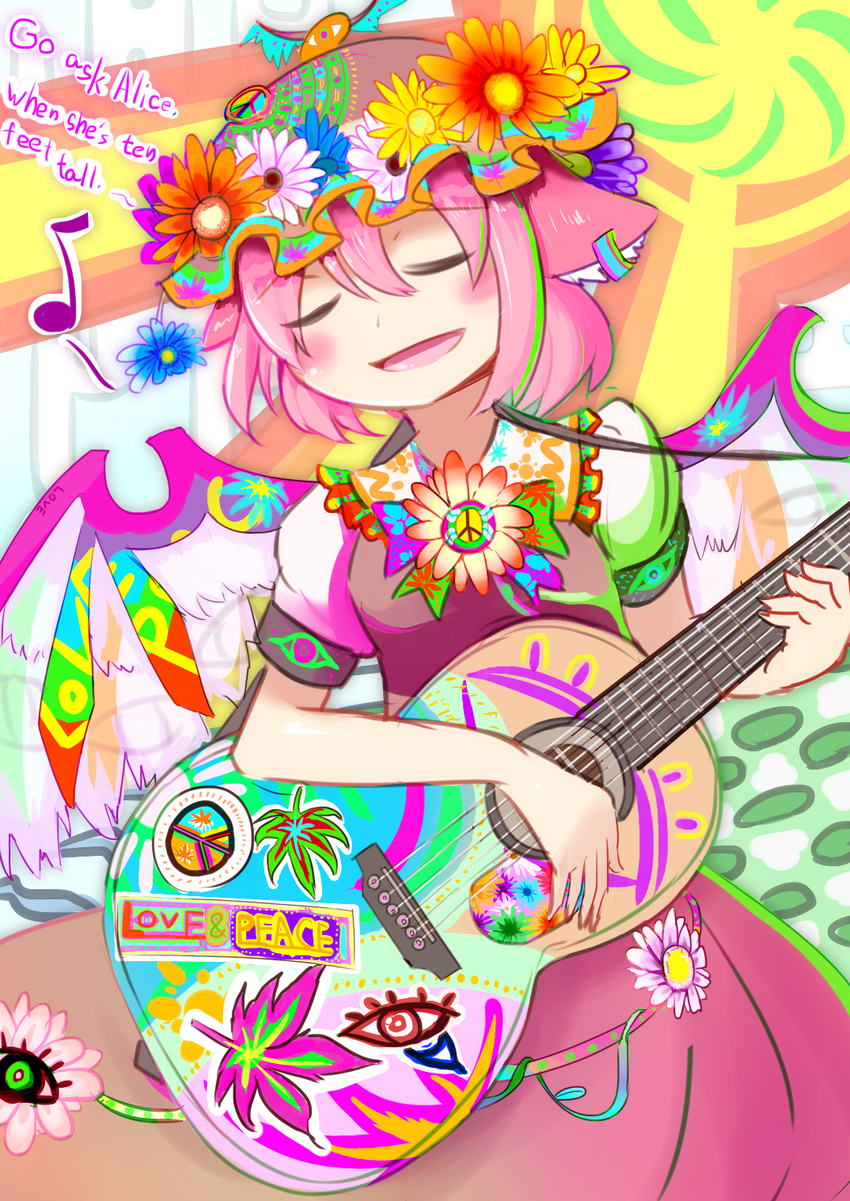 animal_ears bird_wings closed_eyes commentary_request eighth_note english flower flower_(symbol) guitar hat hat_flower highres hippie instrument jefferson_airplane lyrics music musical_note mystia_lorelei nama_shirasu open_mouth peace_symbol pink_hair puffy_short_sleeves puffy_sleeves short_sleeves singing smile solo touhou wings