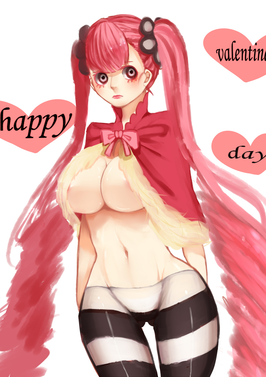 8chinchin absurdres black_eyes blush breasts capelet cowboy_shot eyelashes hair_ornament happy_valentine heart highres large_breasts lipstick long_hair looking_at_viewer makeup navel one_piece pantyhose perona pink_hair pink_lipstick simple_background solo striped striped_legwear thigh_gap twintails underboob valentine very_long_hair
