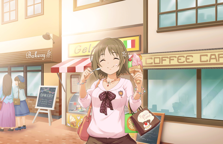 ^_^ artist_request brown_hair closed_eyes eating food food_on_face ice_cream ice_cream_on_face idolmaster idolmaster_cinderella_girls idolmaster_cinderella_girls_starlight_stage jewelry jpeg_artifacts mimura_kanako multiple_girls necklace official_art ribbon short_hair star