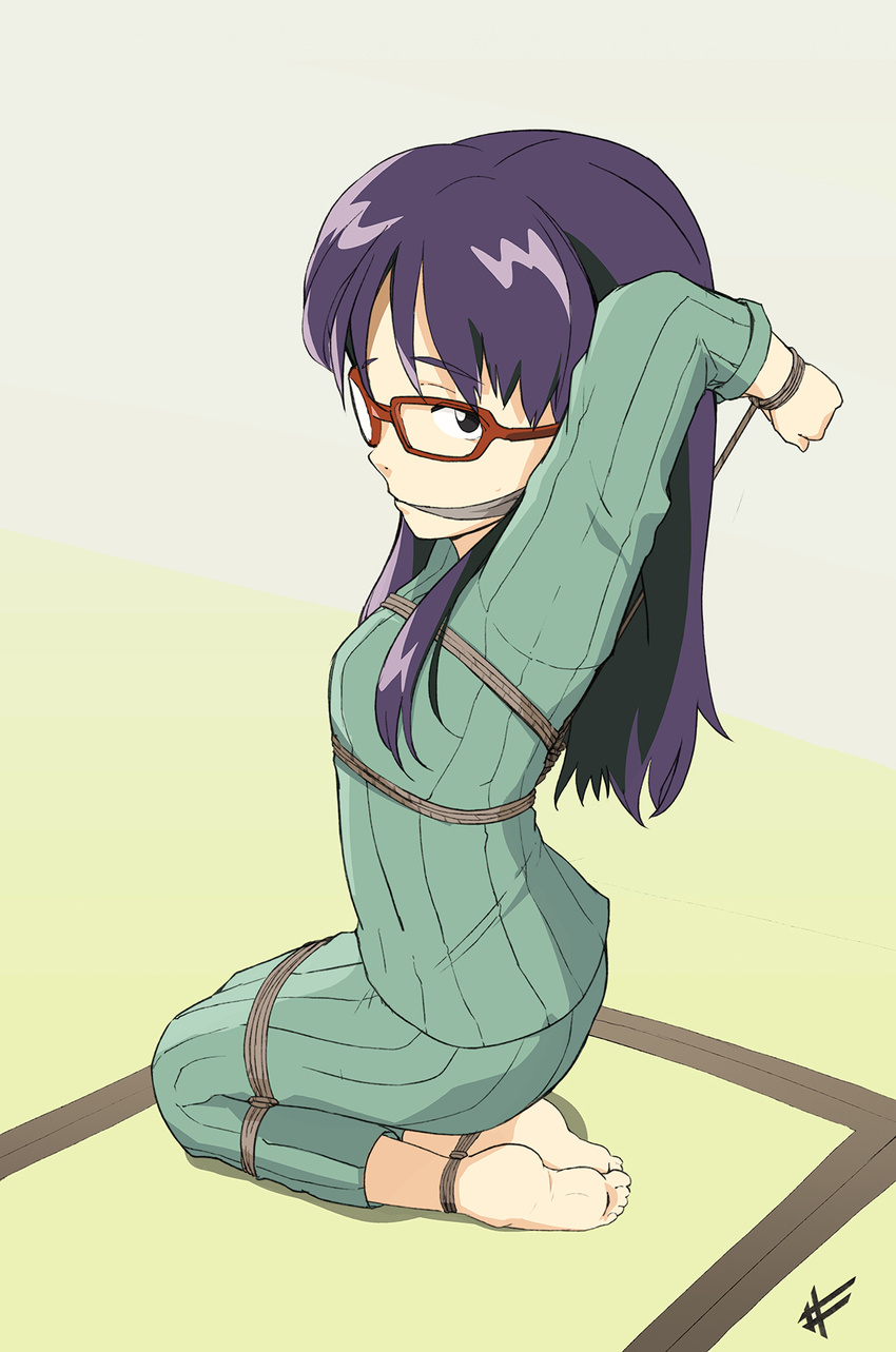 arms_behind_head barefoot bdsm bondage bound bound_ankles bound_wrists cleave_gag cloth_gag flcl frogtie gag gagged glasses highres improvised_gag kneeling long_hair looking_at_viewer ninamori_eri pajamas purple_hair red-framed_eyewear rope sharpffffff solo tied_up