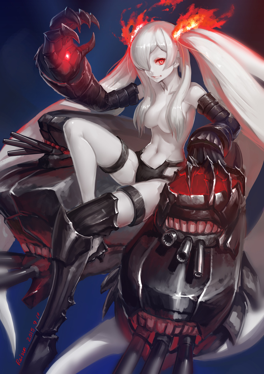 2015 absurdres artist_name bikini bikini_bottom black_bikini blue_background breasts cannon claws collarbone dated fiery_hair fire gauntlets glowing hair_censor hair_over_breasts hair_over_one_eye highres kantai_collection large_breasts light_smile long_hair looking_at_viewer navel pale_skin red_eyes reisun001 shinkaisei-kan signature simple_background smile solo southern_ocean_war_hime swimsuit thigh_strap topless turret twintails white_hair