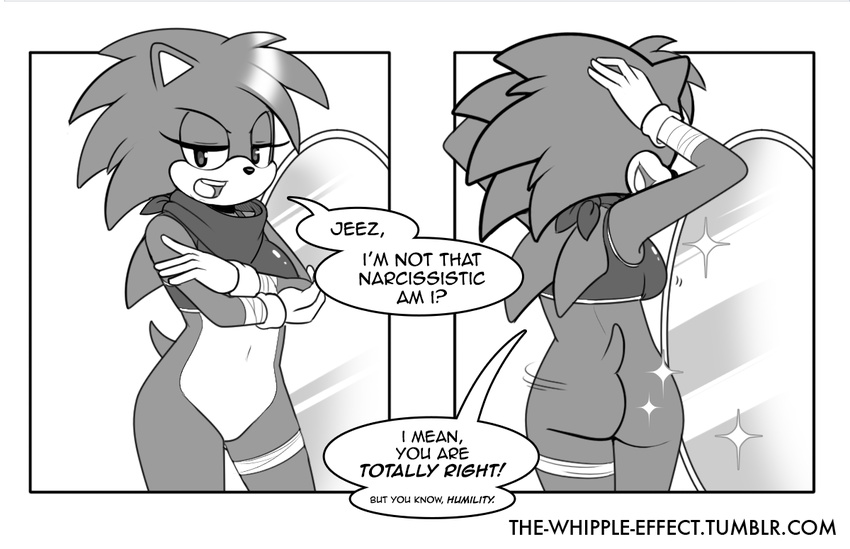 ass_shake bottomless butt clothed clothing crossgender female gloves half-dressed hedgehog looking_at_viewer mammal mirror sonic_(series) sonic_boom sonic_the_hedgehog