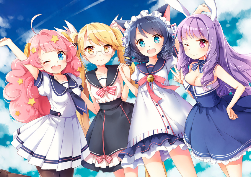 ;) ;d ahoge animal_ears arm_behind_back arm_up bell black_hair blonde_hair blue_eyes blush breasts bunny_ears cat_ears chuchu_(show_by_rock!!) cleavage cloud collarbone cyan_(show_by_rock!!) day dress glasses hair_ornament hand_on_hip hands_together holding_hands jingle_bell long_hair medium_breasts moa_(show_by_rock!!) multiple_girls nyanya one_eye_closed open_mouth pantyhose pink_eyes pink_hair pleated_skirt puffy_sleeves purple_hair retoree rimless_eyewear sailor_collar sailor_dress shirt short_sleeves show_by_rock!! skirt sky smile star star_hair_ornament twintails very_long_hair w yellow_eyes