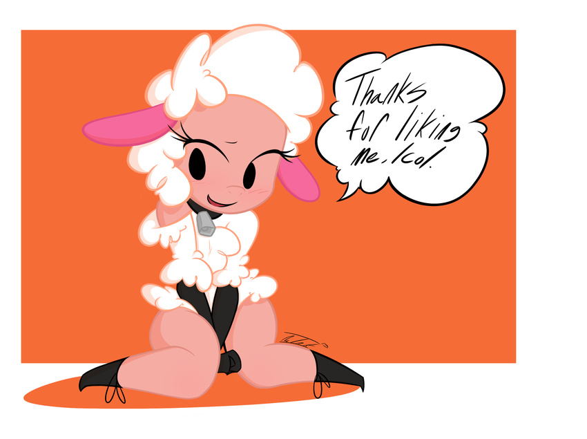 anthro bell blush caprine collar droopy embarrassed english_text esolo female fur leggy_lamb mammal no-ink sheep sheep_wrecked simple_background sitting smile text text_cloud white_fur