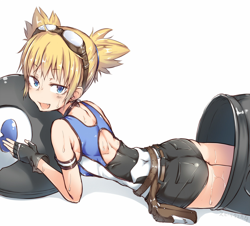 :d animal_costume ass bangs blonde_hair cowboy_shot fang goggles goggles_on_head granblue_fantasy lying on_stomach open_mouth penguin_costume pengy_(granblue_fantasy) short_hair short_twintails shorts smile solo spirytus_tarou sweat twintails