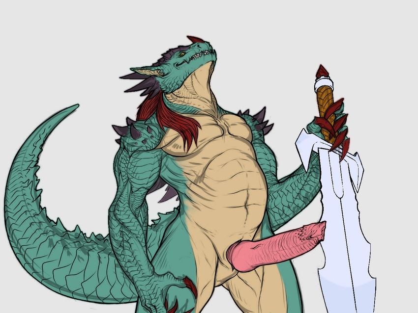 animal_genitalia anthro belly big_penis claws dragon erection genital_slit hair huge_penis lamar looking_at_viewer male melee_weapon nude penis rollwulf scalie sketch slit solo spikes standing sword teeth thick_tail weapon