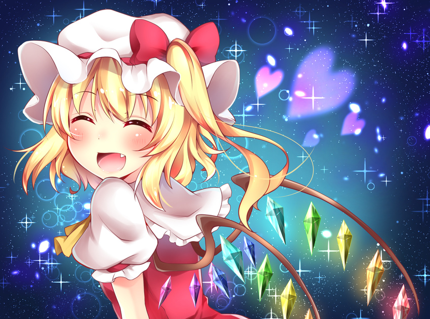 ascot blonde_hair blush bow fang flandre_scarlet hat hat_bow heart looking_at_viewer miy@ mob_cap open_mouth side_ponytail smile solo sparkle touhou wings