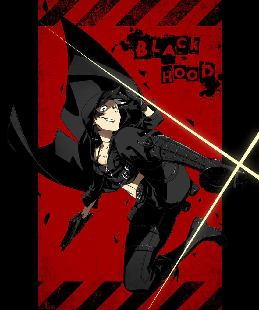 abs belt black_footwear black_hair black_hood blue_eyes boots bra_strap breasts character_name cross cross-laced_footwear cross_necklace earrings gloves grin gun highres hood jewelry jumping kamezaemon kicking knee_boots lace-up_boots leather leather_pants mac-10 medium_breasts multicolored_hair necklace original pants smile smirk solo submachine_gun two-tone_hair weapon white_hair