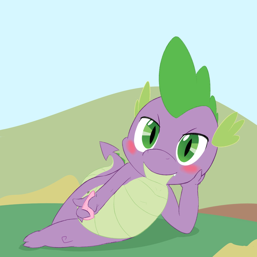 2014 animal_genitalia anthro blush charmandrigo cub cute_fangs dragon friendship_is_magic genital_slit looking_at_viewer lying male masturbation my_little_pony on_side penis scalie slit solo spike_(mlp) tapering_penis young