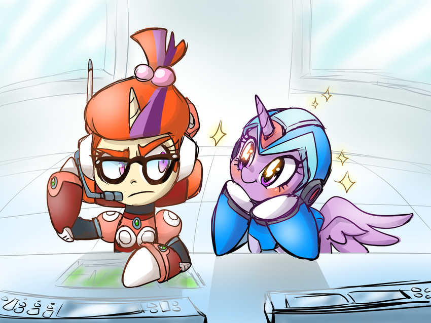 2015 armor duo equine eyewear female friendship_is_magic glasses horn mammal mega_man_(character) mega_man_(series) microphone moondancer_(mlp) my_little_pony sparkles thegreatrouge twilight_sparkle_(mlp) unicorn winged_unicorn wings