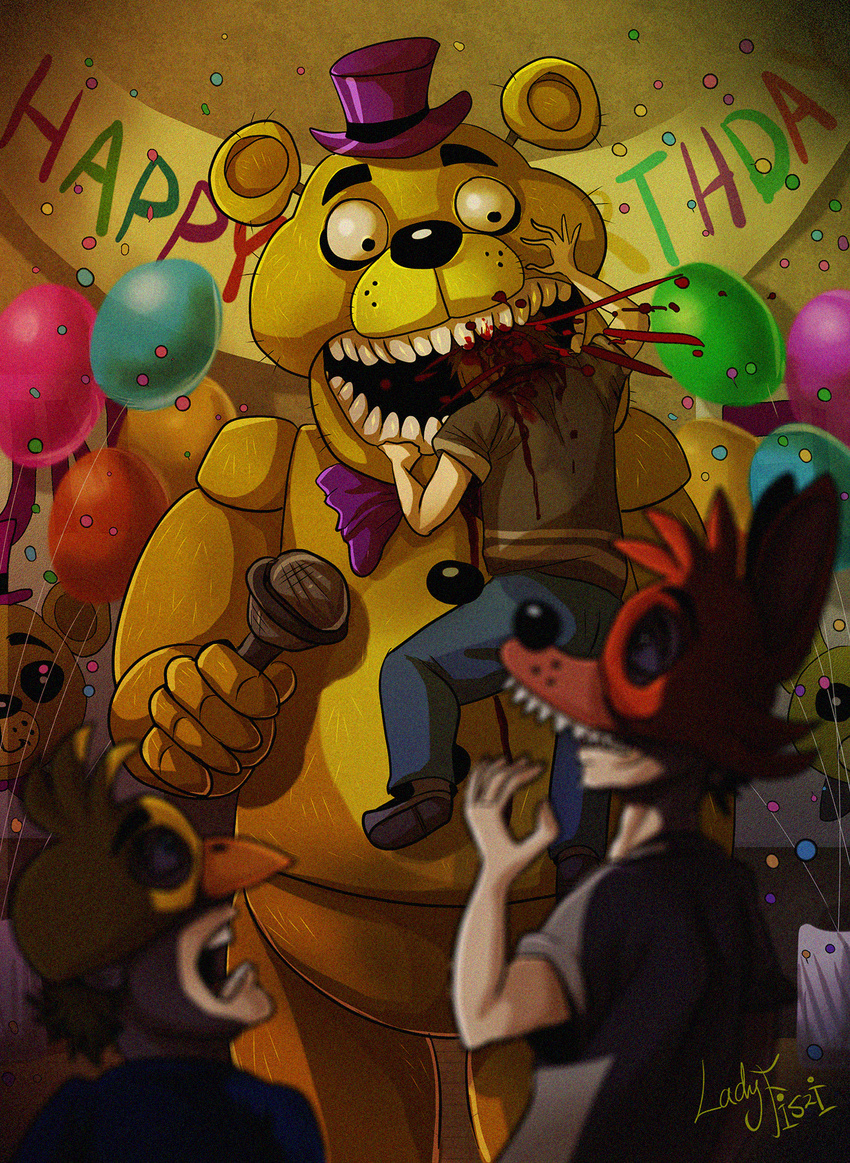 2015 animatronic anthro bear blood bow_tie child fiszi five_nights_at_freddy's five_nights_at_freddy's_4 fredbear_(fnaf) hair hat human machine male mammal mask open_mouth robot shocked size_difference smaller_male teeth video_games young younger_male