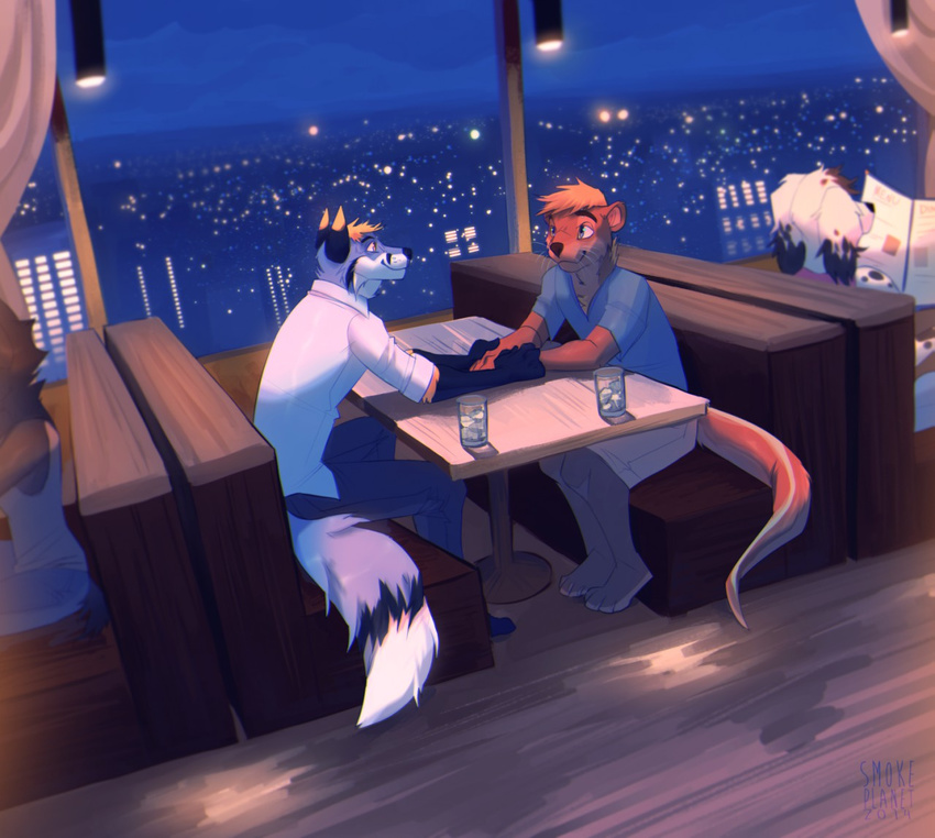 2014 anthro barefoot beverage black_fur blonde_hair blue_eyes blue_fur brown_eyes brown_fur canine city cityscape clothed clothing dog duo_focus dutch_angle eye_contact fluffy_tail food fox fur glass grey_fur group hair hand_holding ice jeans male male/male mammal multicolored_fur mustelid otter public restaurant shirt shorts sitting smile smokeplanet tank_top two_tone_fur water white_fur white_sclera window yellow_fur