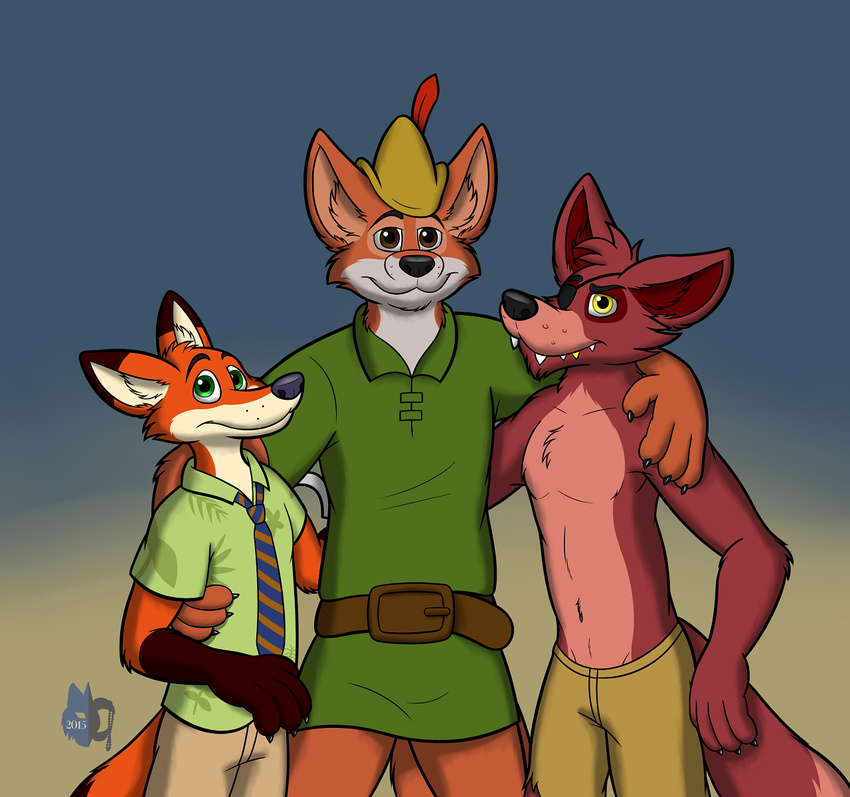 2015 anthro belt bleuxwolf canine chest_tuft clothed clothing disney eye_patch eyewear five_nights_at_freddy's fox foxy_(fnaf) fully_clothed fur green_eyes hat male mammal necktie nick_wilde robin_hood robin_hood_(disney) shirt solo toony tuft video_games yellow_eyes zootopia