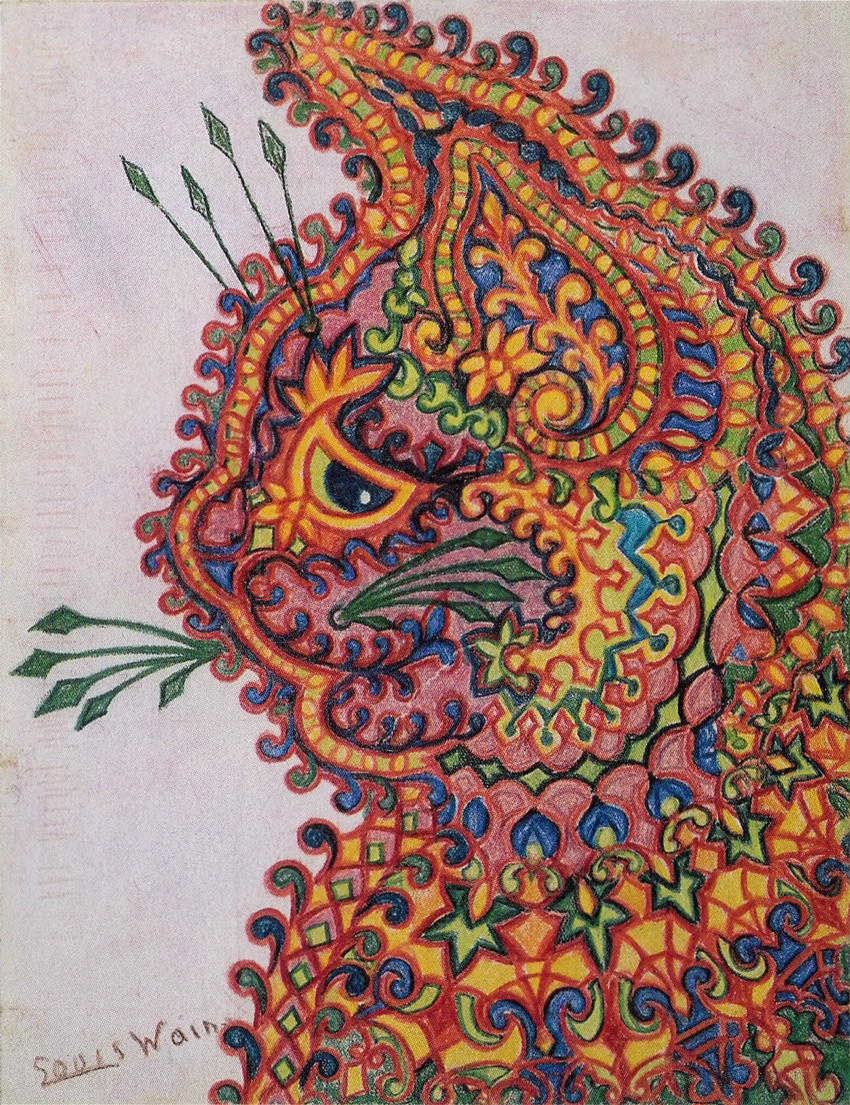 ambiguous_gender cat colored_pencil_(artwork) colorful feline license_info looking_at_viewer louis_wain mammal psychedelic public_domain side_view signature simple_background solo traditional_media_(artwork) whiskers