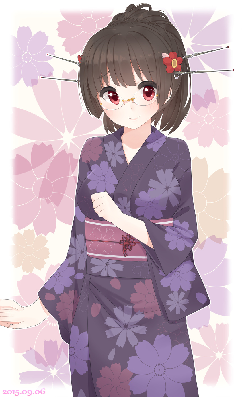 absurdres alternate_hairstyle antennae breasts brown_hair choukai_(kantai_collection) floral_print flower glasses hair_flower hair_ornament highres holding_hands japanese_clothes kantai_collection kimono large_breasts out_of_frame red_eyes smile solo_focus yukata yukichi_(sukiyaki39)