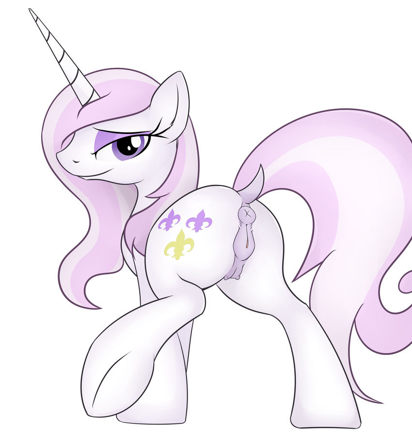 2015 anatomically_correct anatomically_correct_pussy animal_genitalia anus ardupi bedroom_eyes butt cutie_mark dock equine equine_pussy female feral fleur_de_lis_(mlp) friendship_is_magic hair half-closed_eyes horn looking_at_viewer looking_back mammal multicolored_hair my_little_pony one_leg_up pink_hair purple_eyes pussy raised_tail rear_view simple_background smile solo teats two_tone_hair underhoof unicorn white_background