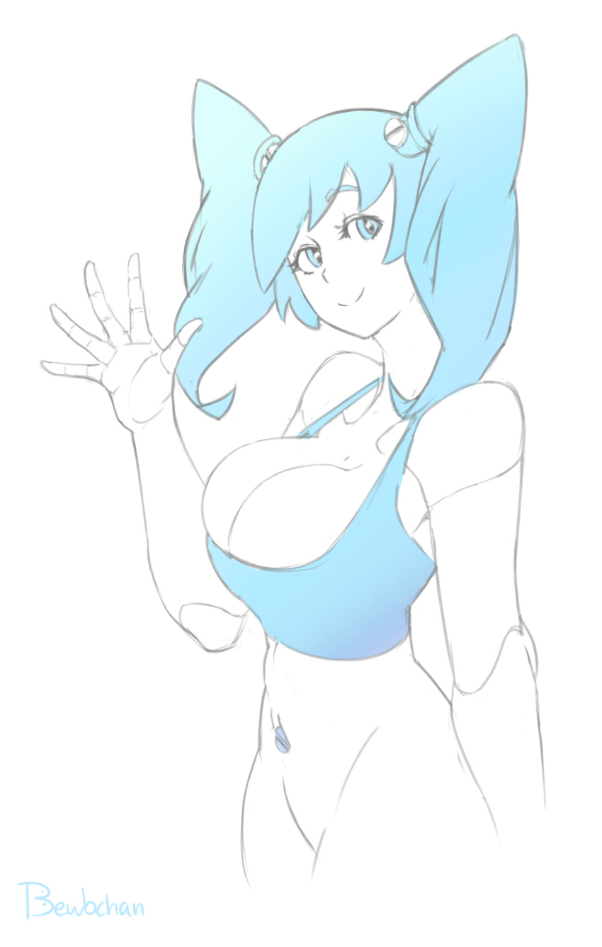5_fingers bewbchan blue_eyes blue_hair breasts cleavage clothed clothing eyelashes female hair half-length_portrait jenny_wakeman machine my_life_as_a_teenage_robot navel robot simple_background smile solo sports_bra waving white_background