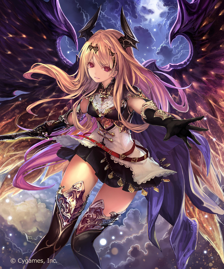 absurdres black_gloves black_legwear blonde_hair cape dark_angel_olivia gloves hair_ornament highres horns long_hair multicolored_hair pleated_skirt purple_hair red_eyes shingeki_no_bahamut sidelocks skirt solo tachikawa_mushimaro thighhighs two-tone_hair very_long_hair watermark wings