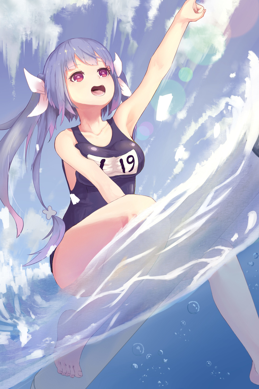 absurdres barefoot blue_hair breasts cloud commentary_request day gz_(gzdteee) hair_ornament hair_ribbon highres i-19_(kantai_collection) kantai_collection long_hair medium_breasts ocean one-piece_swimsuit open_mouth pointing pointing_forward red_eyes ribbon school_swimsuit sky solo star star-shaped_pupils swimsuit symbol-shaped_pupils torpedo twintails water
