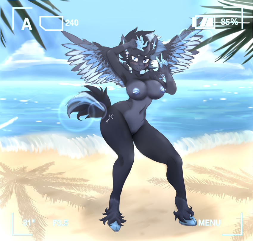 2015 anthro beach blush breasts camera cloud cutie_mark equine erect_nipples fan_character female fur hair hand_on_head horn horse lens_flare lips looking_at_viewer mammal mileeni my_little_pony navel nipple_piercing nipples outside photoshoot piercing pony pose pussy sand sea seaside shade sunlight v_sign veck water winged_unicorn wings