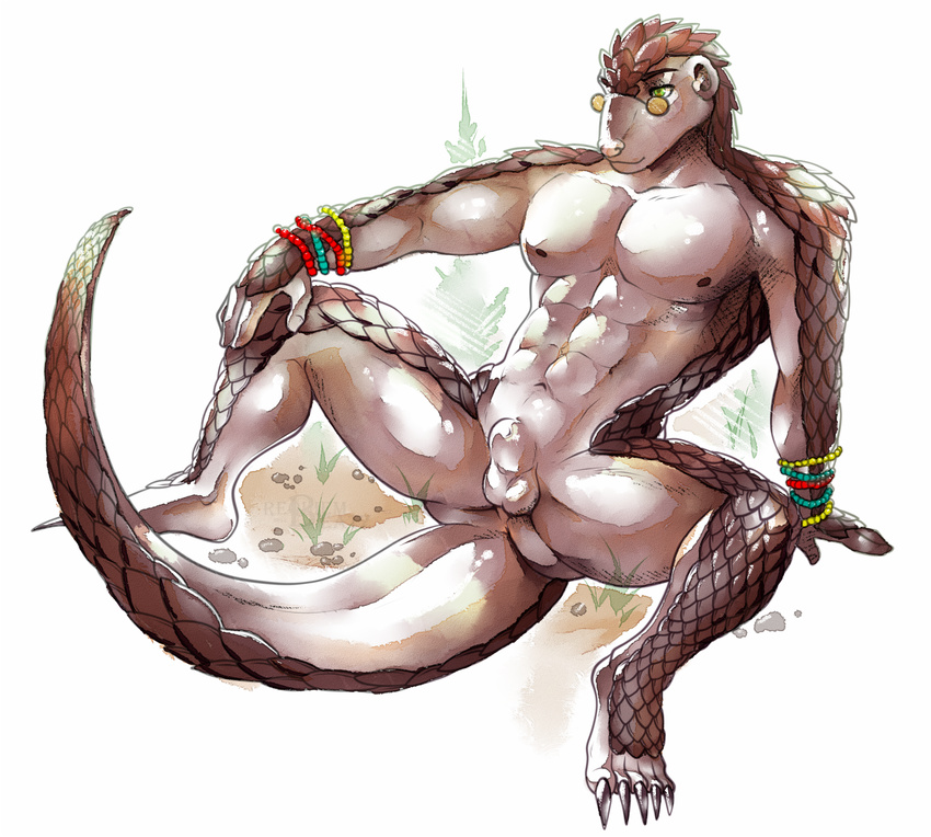 2015 abs anthro anus balls bracelet claws eyewear fully_sheathed jewelry male mammal nipples nude pangolin pecs presenting requiembeatz scales sheath simple_background solo spread_legs spreading thick_tail