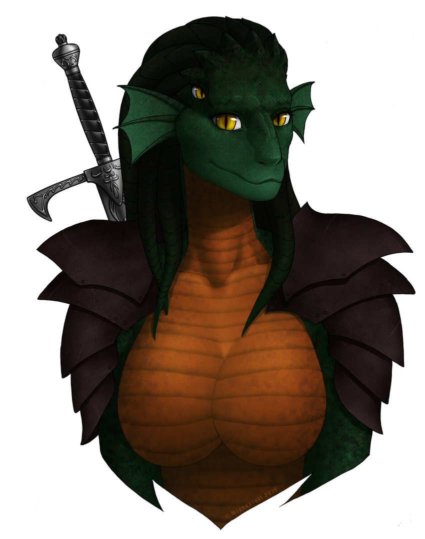 2015 alien anthro armor breasts bust_portrait female green_scales lizard longsword looking_at_viewer melee_weapon multicolored_scales multiple_eyes naturally_censored non-mammal_breasts nude orange_scales reptile scales scalie simple_background solo ssarenna sword tekenar two_tone_scales weapon white_sclera wickedjuti yellow_eyes