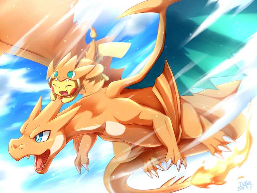 charizard_(cosplay) closed_eyes cosplay fire gen_1_pokemon highres ivan_(ffxazq) mega_charizard_y no_humans open_mouth pikachu pokemon pokemon_(creature)