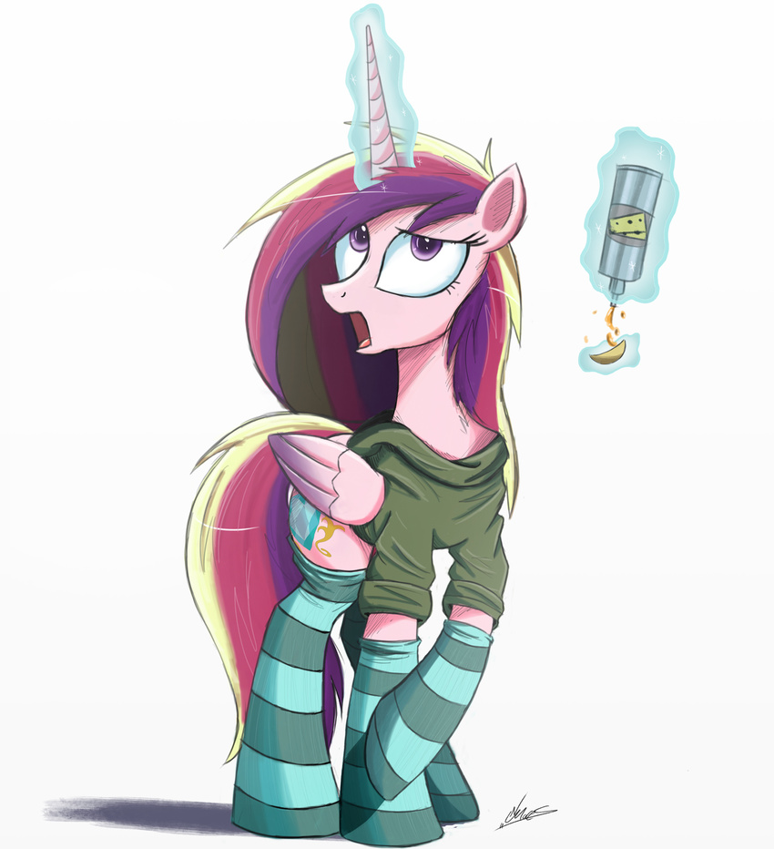 2015 candy cheese clothing cutie_mark equine female feral food friendship_is_magic hair horn legwear magic mammal multicolored_hair my_little_pony ncmares open_mouth potato_chips princess_cadance_(mlp) purple_eyes simple_background socks solo striped_legwear striped_socks stripes white_background winged_unicorn wings