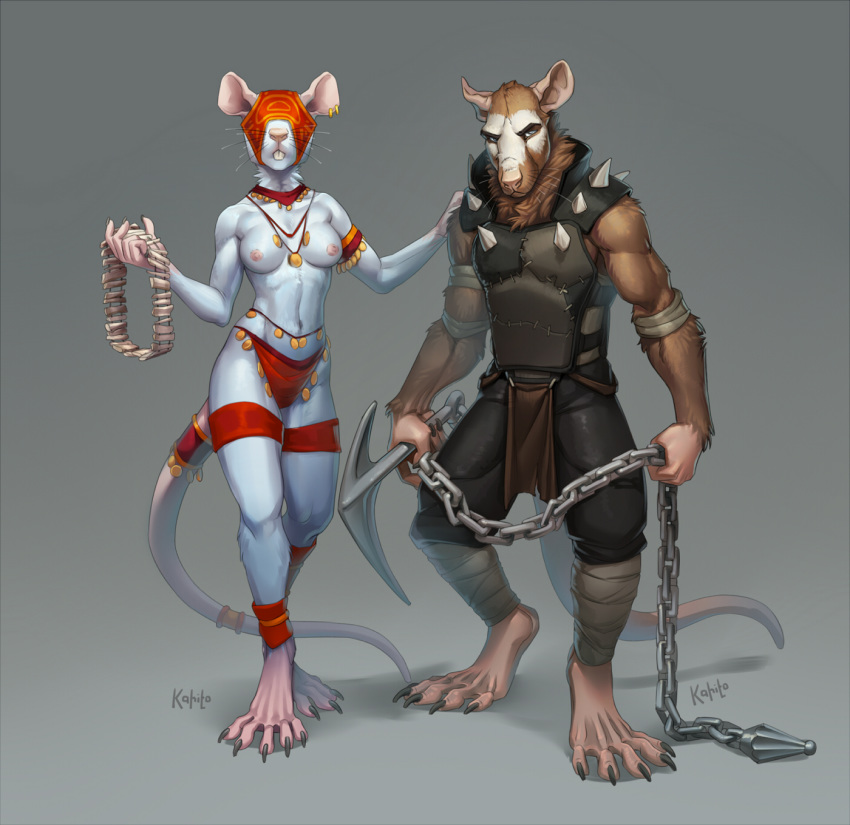 5_toes anchor anthro barefood breasts chain claws cloth_armor clothed clothing digitigrade duo facial_markings female jewelry kahito_slydeft_(artist) loincloth male mammal markings mask mask_(marking) necklace nipples rat rodent spiked_clothing toe_claws toes topless