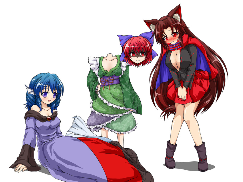 animal_ears blue_eyes blue_hair blush bow breast_envy breasts brooch brown_hair cape cleavage collarbone cosplay costume_switch disembodied_head dress grass_root_youkai_network hair_bow hand_on_hip head_fins highres imaizumi_kagerou imaizumi_kagerou_(cosplay) japanese_clothes jewelry kimono large_breasts long_dress long_hair long_sleeves looking_at_viewer mermaid miniskirt monster_girl multiple_girls obi open_mouth red_cape red_eyes red_hair red_skirt sash sekibanki sekibanki_(cosplay) shaded_face shirt short_hair simple_background sitting skirt smile tail ten'yoku touhou very_long_hair wakasagihime wakasagihime_(cosplay) wavy_mouth white_background wide_sleeves wolf_ears wolf_tail