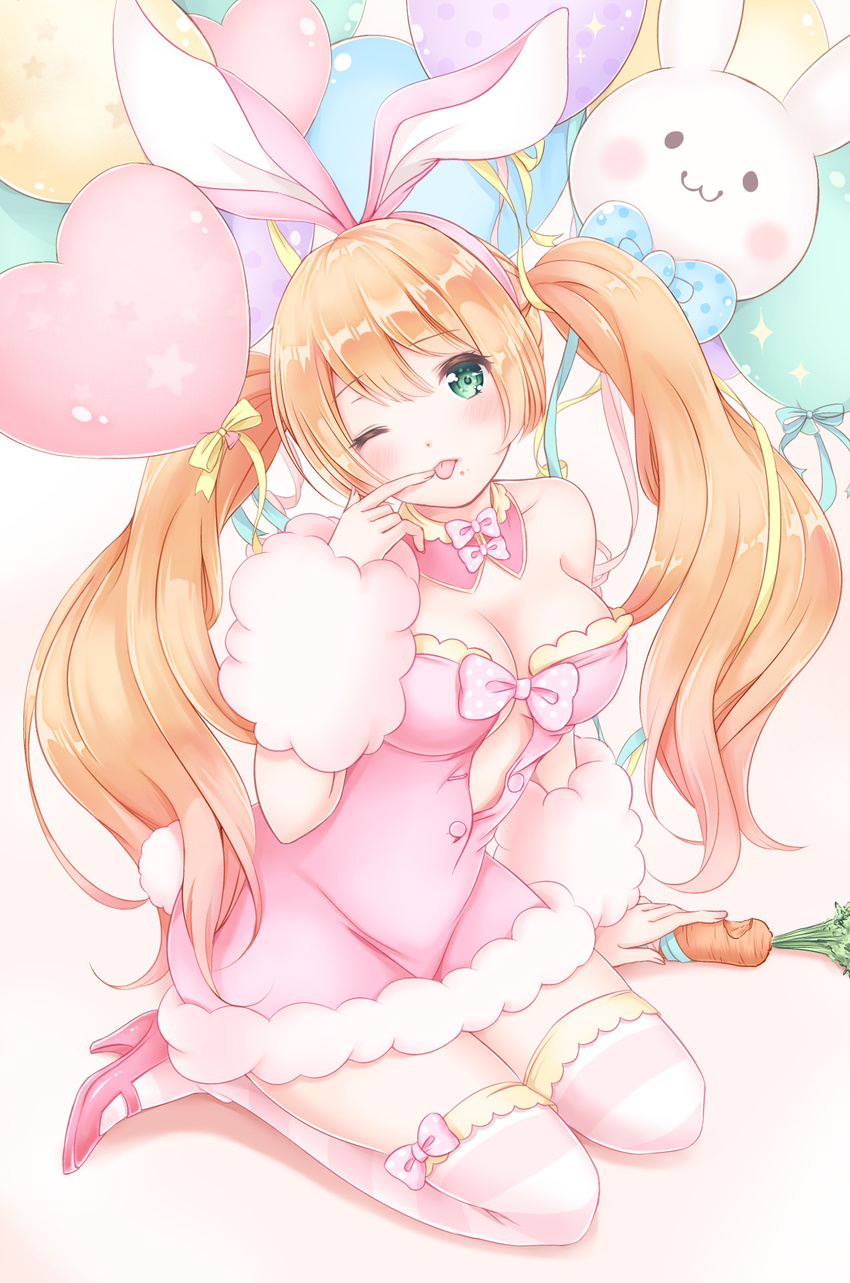 :p animal_ears balloon balloon_animal bare_shoulders blonde_hair blue_dress blush bow breasts bunny_ears carrot detached_collar dress food food_on_face full_body fur_trim green_eyes heart_balloon high_heels highres holding holding_food large_breasts long_hair looking_at_viewer nanashiki_fuuka one_eye_closed original pink_dress polka_dot polka_dot_bow ribbon solo striped striped_legwear thighhighs tongue tongue_out twintails unbuttoned very_long_hair zettai_ryouiki