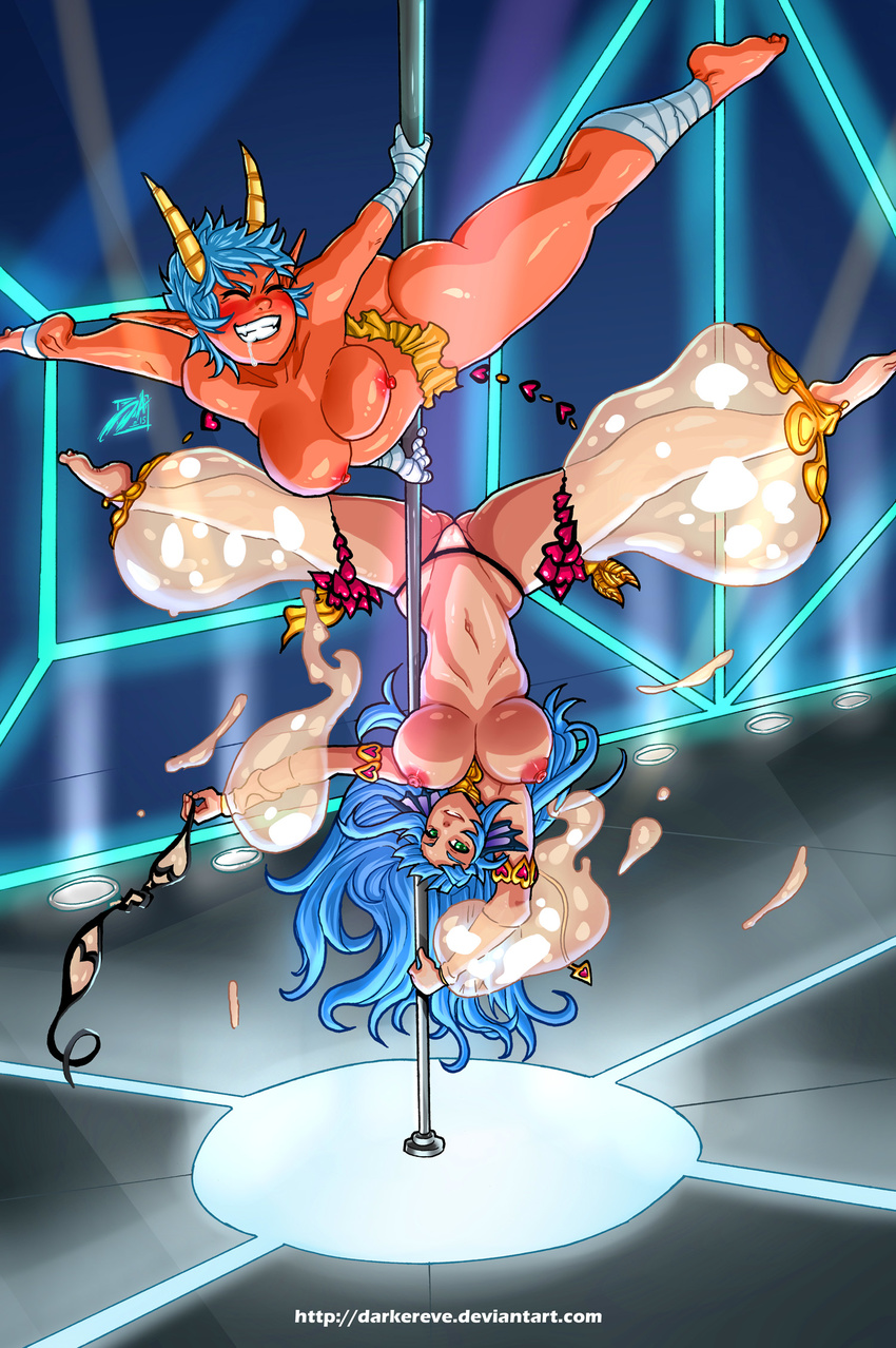 apsara_(monster_girl_encyclopedia) ass bandages barefoot blue_hair blush bra bra_removed breasts closed_eyes darwin_nunez drooling elemental_(creature) green_eyes grin head_fins highres horns large_breasts long_hair monster_girl monster_girl_encyclopedia multiple_girls navel nipples pointy_ears pole pole_dancing red_oni_(monster_girl_encyclopedia) red_skin short_hair smile spread_legs stripper stripper_pole topless underwear undressing upside-down watermark web_address