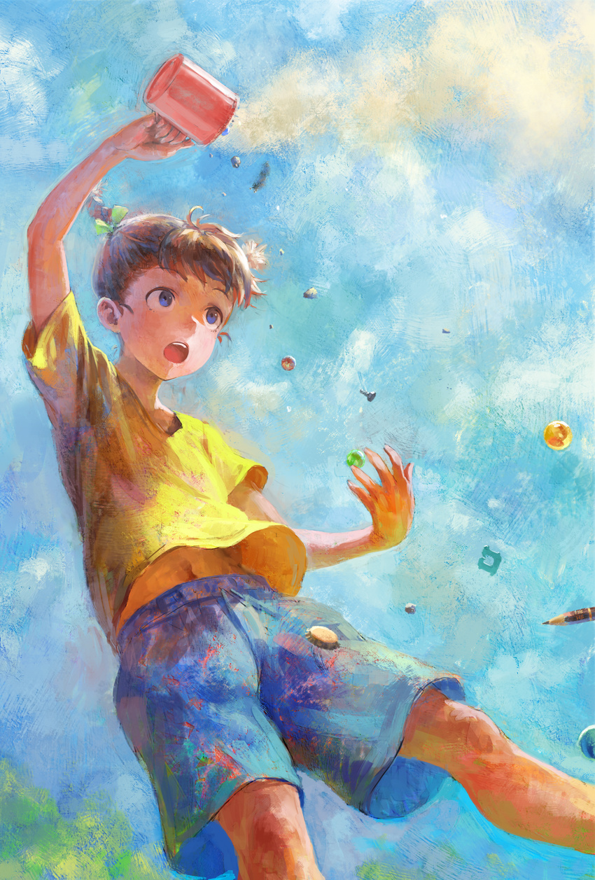 arata_yokoyama bangs blue_eyes blue_sky bow braid brown_hair child cloud cup day hair_bow hair_ribbon highres looking_up male_focus marble mug navel open_mouth original pencil ribbon shirt shirt_lift shorts sky solo t-shirt twin_braids wind