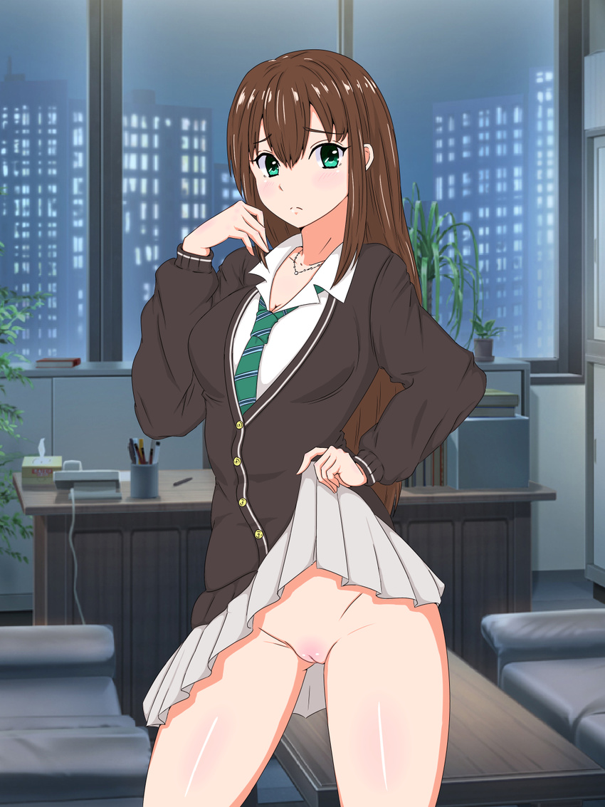 black_hair blush bottomless brown_hair cardigan couch desk frown green_eyes hair_between_eyes highres idolmaster idolmaster_cinderella_girls necktie office phone plant pleated_skirt pussy school_uniform shibuya_rin skirt skirt_lift solo striped striped_neckwear taka_(copyrobot) tissue_box window