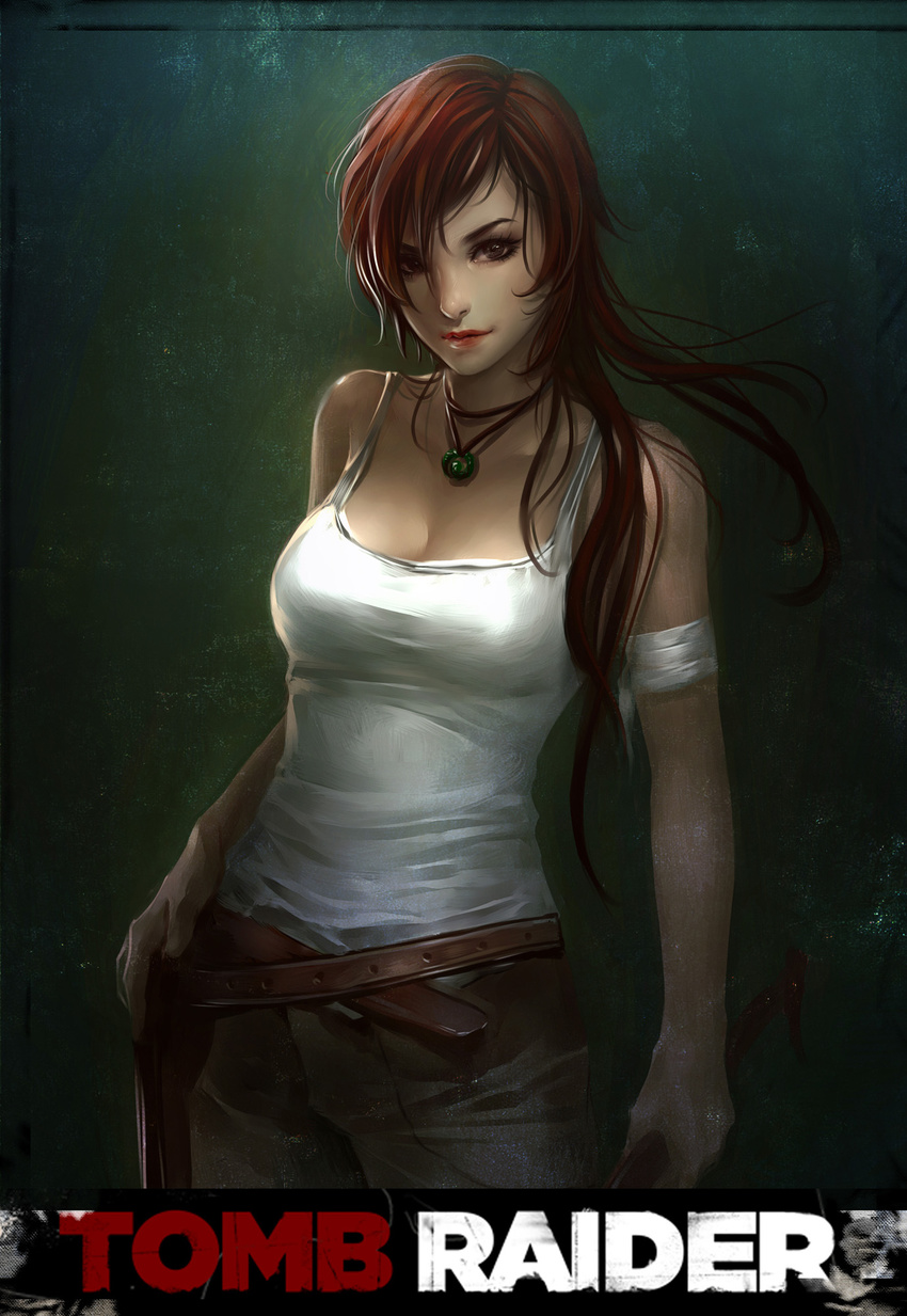 bandaged_arm bandages belt breasts brown_eyes brown_hair cleavage highres jewelry lara_croft long_hair medium_breasts necklace orry pixiv_tomb_raider_contest solo standing tank_top tomb_raider tomb_raider_(reboot)