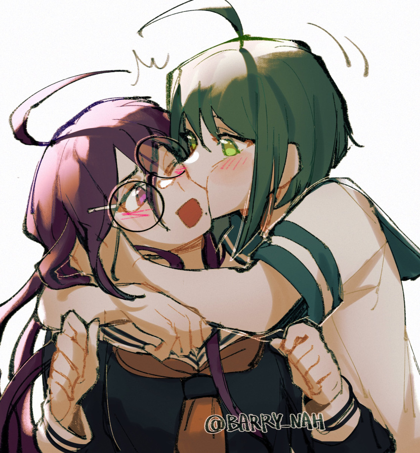 2girls ^^^ absurdres ahoge bangs barry_nah biting black_hair black_shirt blush cheek_biting commentary danganronpa_(series) danganronpa_another_episode:_ultra_despair_girls fukawa_touko glasses green_eyes green_hair hair_between_eyes hands_up highres long_hair long_sleeves looking_at_another mole mole_under_mouth multiple_girls naegi_komaru neckerchief one_eye_closed open_mouth pink_eyes red_neckerchief round_eyewear sailor_collar shirt short_hair short_sleeves white_shirt yuri