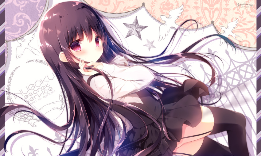 1girl animal ass bangs bird black_legwear black_skirt blush brown_hair closed_mouth commentary_request dutch_angle eyebrows_visible_through_hair fingernails formal garter_straps hair_between_eyes hand_up inu_x_boku_ss long_hair looking_at_viewer looking_to_the_side pleated_skirt red_eyes shirakiin_ririchiyo shiratama_(shiratamaco) skirt solo star suit thighhighs very_long_hair white_suit