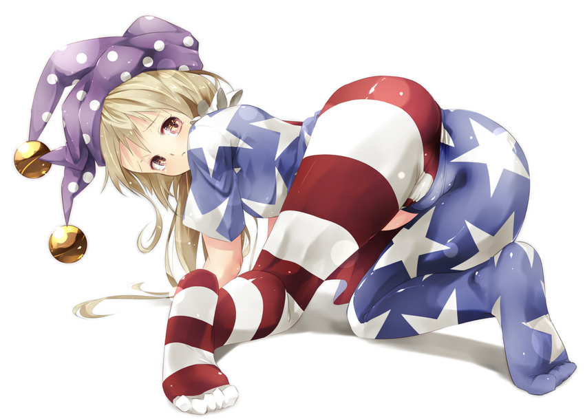 american_flag_dress american_flag_legwear ass blonde_hair cameltoe clownpiece full_body gorilla_(bun0615) hat jester_cap kneeling long_hair looking_at_viewer looking_back pantyhose pantylines print_legwear red_eyes shirt solo touhou