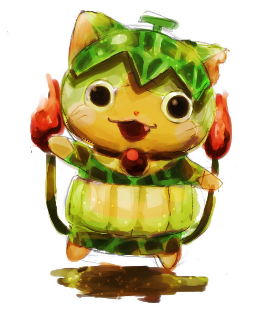 cat fang food fruit full_body highres howapopo looking_at_viewer melon melonnyan multiple_tails no_humans open_mouth simple_background tail two_tails white_background youkai youkai_watch youkai_watch_2