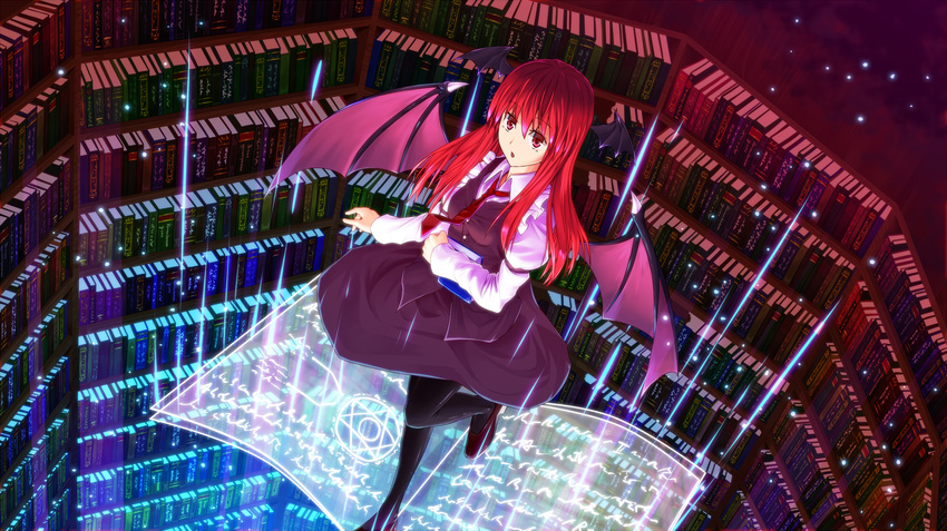 :o bad_id bad_pixiv_id bat_wings bookshelf commentary_request demon_girl dress dress_shirt flying head_wings highres koakuma library long_hair looking_at_viewer magic_circle necktie pantyhose red_eyes red_hair shirt skirt skirt_set solo spell_card touhou vest voile wings yonaga_(masa07240)