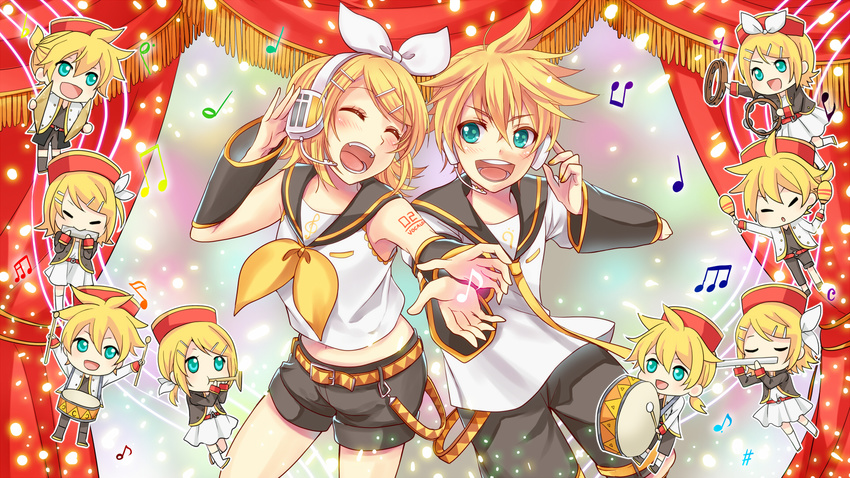 1girl ^_^ aqua_eyes beamed_eighth_notes beamed_sixteenth_notes blonde_hair bow brother_and_sister chibi closed_eyes curtains cymbals drum eighth_note flute hair_bow hair_ornament hairclip harmonica headset highres instrument kagamine_len kagamine_rin maracas musical_note open_mouth quarter_note sailor_collar setora shorts siblings sixteenth_note smile tambourine trumpet vocaloid