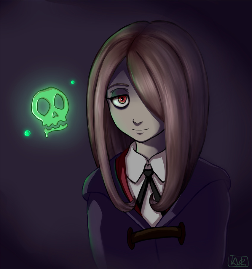 brown_hair felldew hair_over_one_eye highres little_witch_academia long_hair looking_at_viewer pale_skin purple_background red_eyes signature simple_background skull smile solo sucy_manbavaran witch