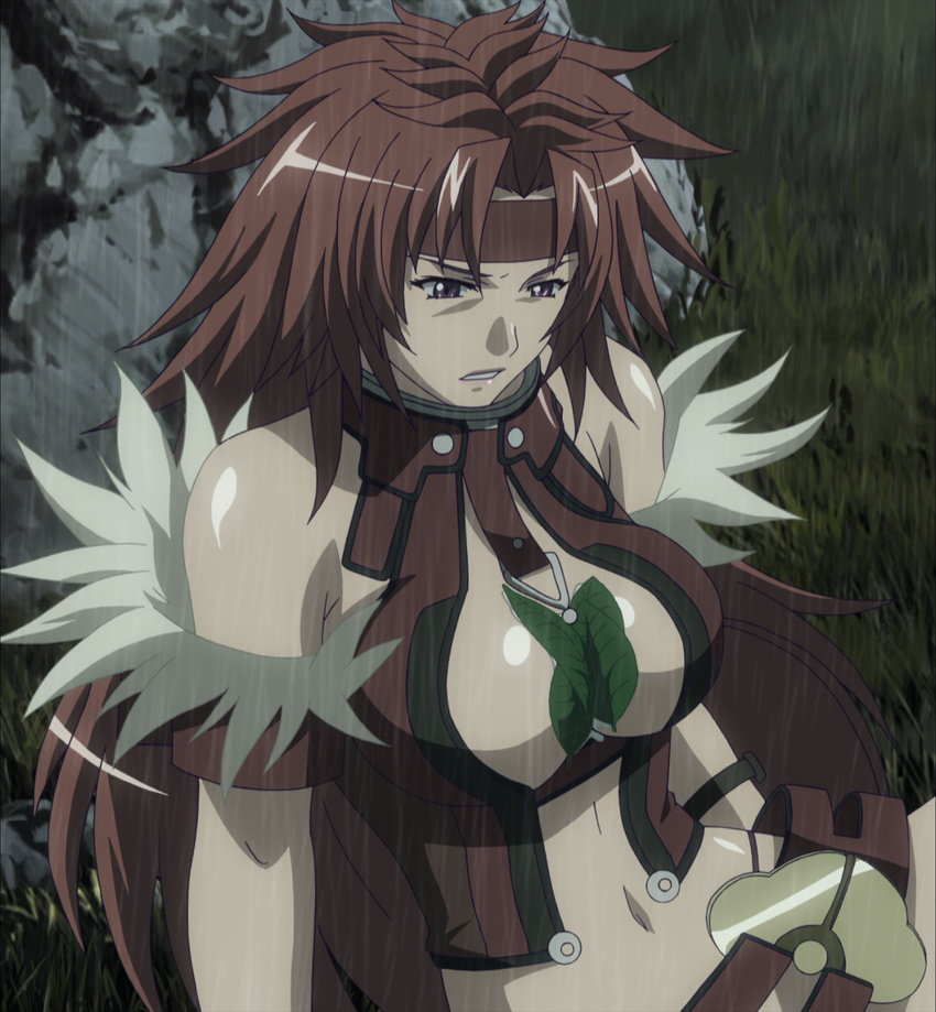 1girl breasts earrings female highres jewelry large_breasts leaf long_hair lost_worlds purple_eyes queen's_blade queen's_blade red_hair risty risty_(queen's_blade) sitting solo stitched