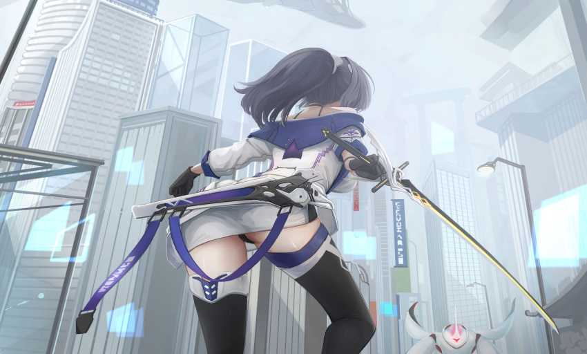 1girl ass bare_shoulders black_gloves black_legwear black_panties building choker city facing_away gloves highres holding holding_sword holding_weapon honkai_(series) honkai_impact_3 kikivi lamppost leaning_forward long_hair miniskirt panties ponytail raiden_mei skirt sky skyscraper solo sword thighhighs underwear weapon