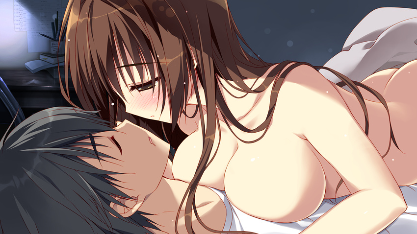 1girl black_hair blanket blush breast_press breasts brown_eyes brown_hair closed_eyes clothed_male_nude_female game_cg girl_on_top hetero highres imouto_no_seiiki implied_sex kanojo_no_seiiki large_breasts long_hair looking_at_another lying nase_yukana nude on_stomach open_mouth ryouka_(suzuya) short_hair