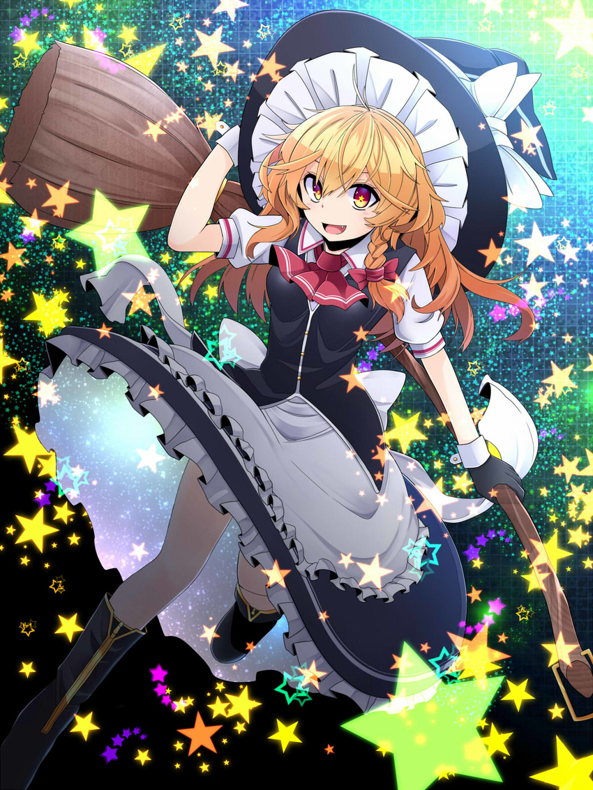 apron ascot black_footwear black_gloves blonde_hair boots bow braid broom brown_eyes fang gloves hat hat_bow highres kirisame_marisa open_mouth puffy_short_sleeves puffy_sleeves rihito_(usazukin) shirt short_sleeves single_braid skirt skirt_set smile solo star star-shaped_pupils symbol-shaped_pupils touhou upskirt vest waist_apron white_bow witch_hat