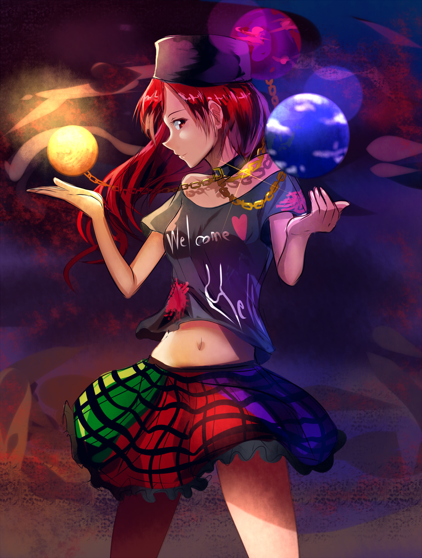 bare_shoulders breasts chain clothes_writing collar cowboy_shot earth hat hecatia_lapislazuli highres hizagawa_rau long_hair looking_at_viewer medium_breasts midriff moon multicolored multicolored_clothes multicolored_skirt navel polos_crown red_eyes red_hair shirt skirt solo touhou