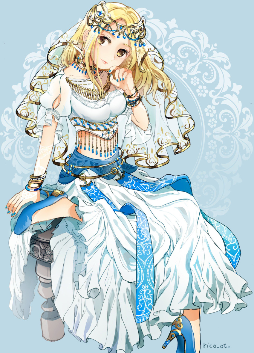 1girl absurdres anklet arabian_clothes armlet blonde_hair breasts circlet dancer dress earrings gloves highres jewelry long_hair medium_breasts navel necklace octopath_traveler ophilia_(octopath_traveler) rico_ot see-through shawl simple_background sitting smile solo veil yellow_eyes